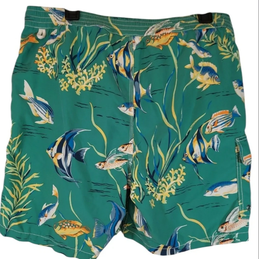 POLO RALPH LAUREN Swim Trunks Mens Sz XL Green Multicolor Fish Print Lined Board